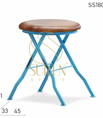 Blue Distress Folding Stool With Leather Seat
