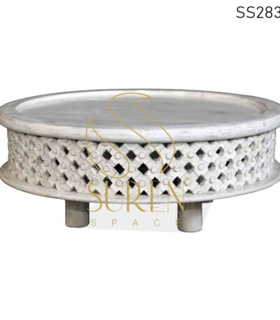 Hand Carved Round Shape White Finish Center Table
