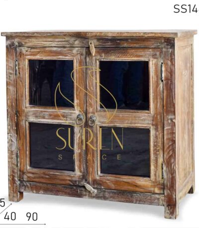 Old Wood Distress Finish Glass Cabinet Design