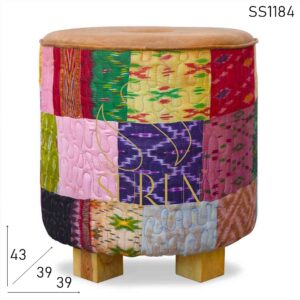 SS1184 SUREN SPACE Traditional Indian Fabric Leather Combo Round Pouf Stool