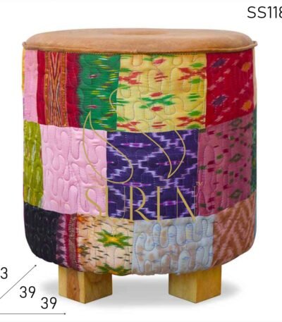 Traditional Indian Fabric Leather Combo Round Pouf Stool