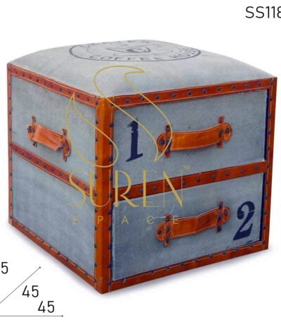Drawer Design Leather Old Canvas Pouf Stool