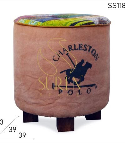 Round Printed Canvas Gudri Fabric Stool