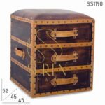 Brown Distress Finish Designer Drawer Pouf Stool