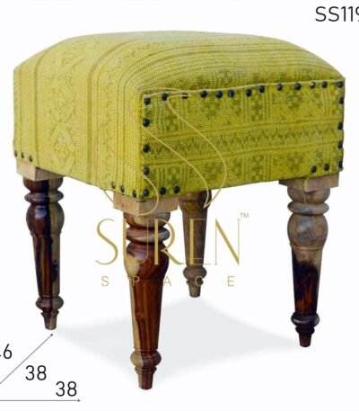 Yellow Designer Printed Fabric Curved Legs Pouf