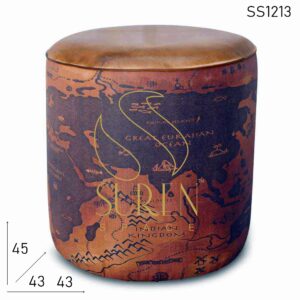SS1213 SUREN SPACE Old Design World Map Round Leather Printed Fabric Pouf