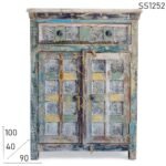 White Distress Block Printed Pattern Cabinet