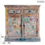 Carved Pattern Distress Finish Recycled Design Cabinet