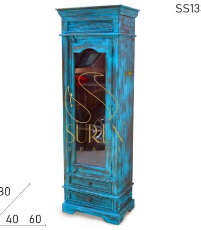 Blue Distress Single Door Glass Cabinet
