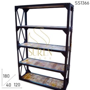 SS1366 Suren Space Rustic Indian Wood Metal Frame Industrial Bookcase