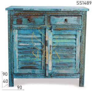 Blue Distress Carved Reclaimed Wood Cabinet
