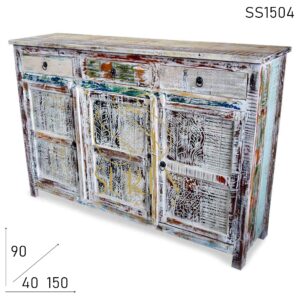 SS1504 Suren Space White Distress Carved Pattern Sideboard