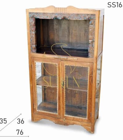 Old Teak Wood Carved Glass Door Bookcase