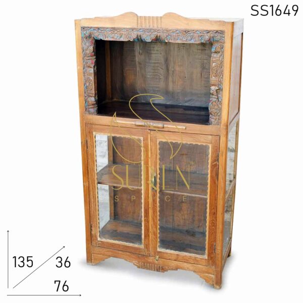 Old Teak Wood Carved Glass Door Bookcase