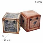 Dual tone Distress Finish Canvas Leather Storage Box Stool