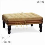 Tufted Canvas Leather Wooden Legs Pouf Design