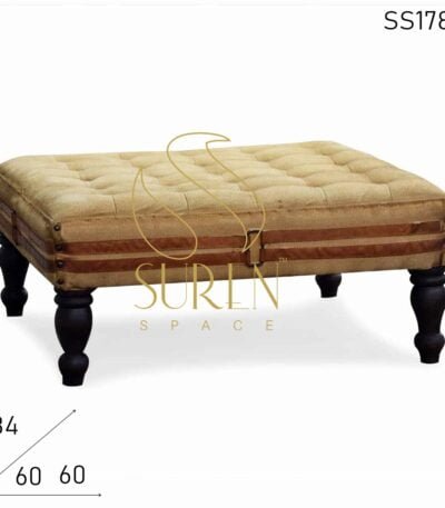 Tufted Canvas Leather Wooden Legs Pouf Design