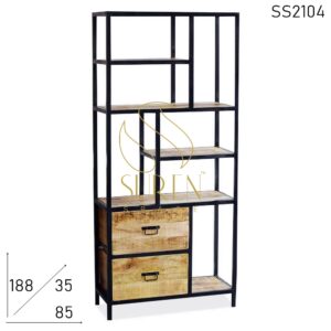 Two Drawers Metal Wood Open Bookcase Cum Display Unit