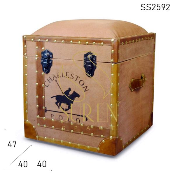 Made In India Canvas Leather Printed Storage Box Stool