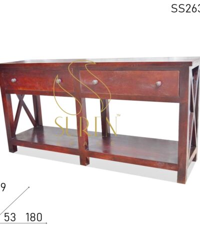 Cross Design Solid Wood Two Drawer Console Table