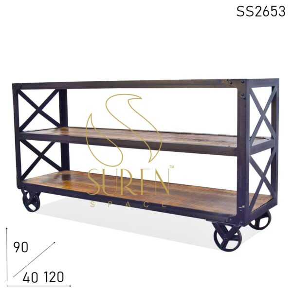 Solid Wood Metal Structure Wheel Base Console Table