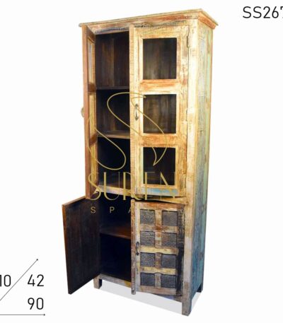 Reclaimed Wood Block Printed Design Almirah Cabinet