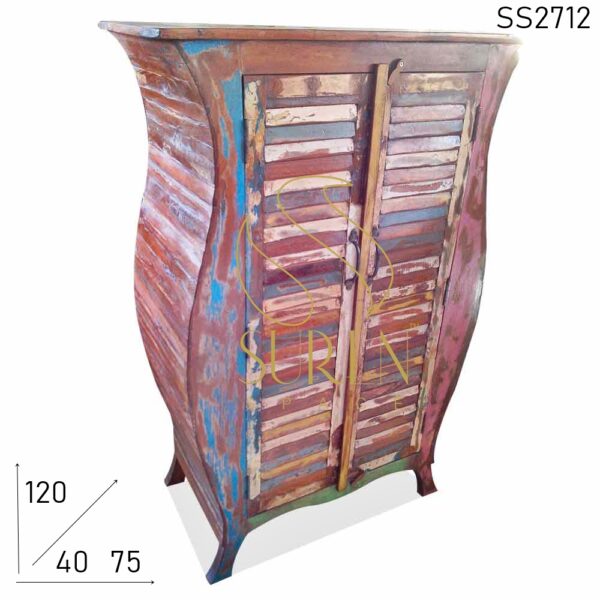 Reclaimed Wood Shutter Pattern Curved Cabinet Design