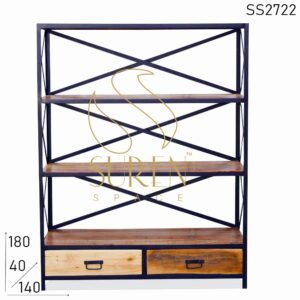 SS2722 Suren Space Two Drawer Industrial Solid Indian Wood Open Bookcase