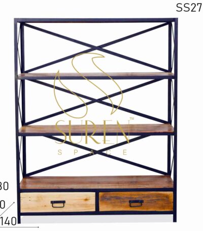 Two Drawer Industrial Solid Indian Wood Open Bookcase
