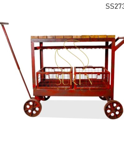 Red Metal Solid Wood Casting Trolley