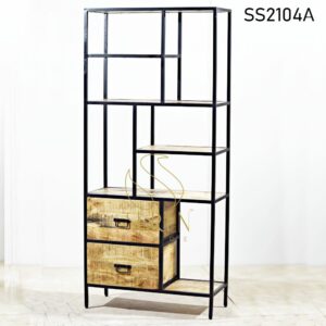 Two Drawers Metal Wood Open Bookcase Cum Display Unit