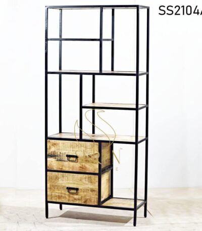 Two Drawers Metal Wood Open Bookcase Cum Display Unit