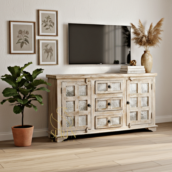 White Distress Block Printed Unique Side Board