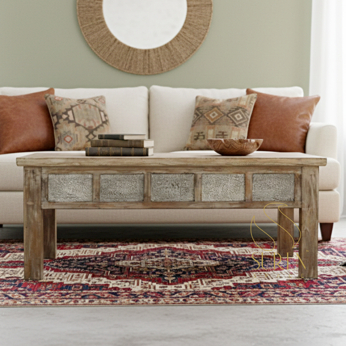 distress center table design White Distress Block Printed Design Center Table - Image 1