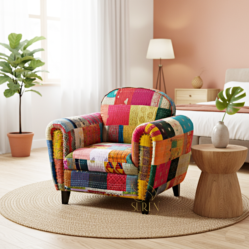 indian ethnic hotel room sofa design Indian Gudri Fabric Traditional Single Sofa - Image 1