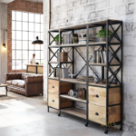 Metal Frame Solid Wood Wheel Base Living Room Bookshelf