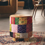 Traditional Indian Fabric Leather Combo Round Pouf Stool