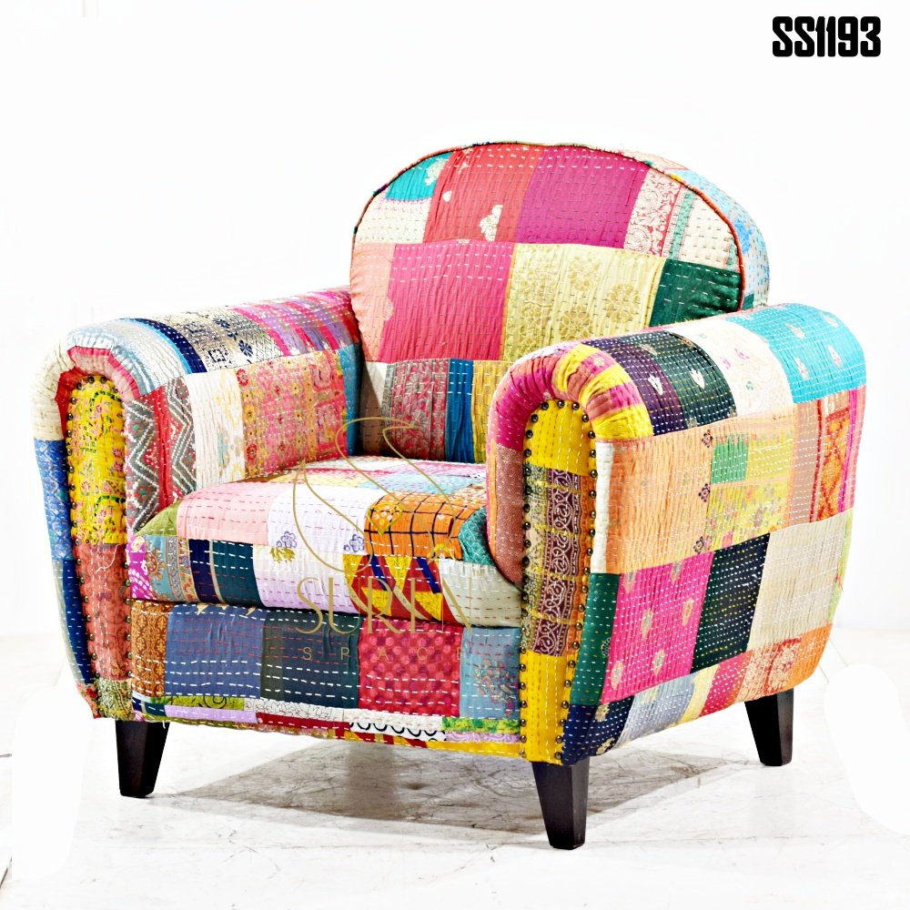 rajasthani patten sofa Indian Gudri Fabric Traditional Single Sofa - Image 2