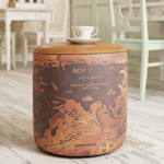 Old Design World Map Round Leather Printed Fabric Pouf