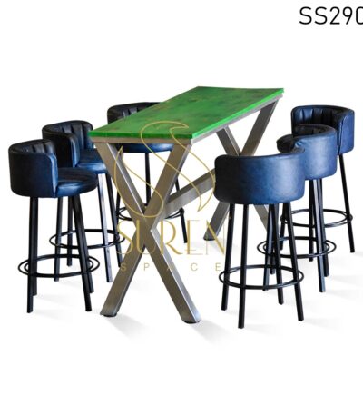 Blue Leatherette MS Base Green Distress Bar Table Set