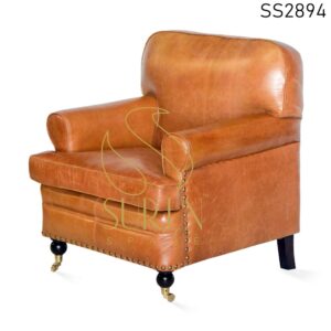 Buff Leather Genuine Leather Wheel Base Single Seater Sofa