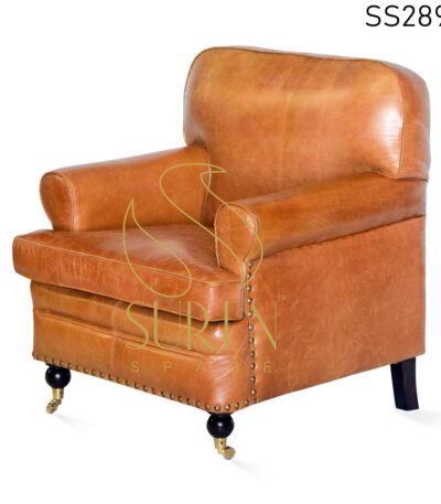 Buff Leather Genuine Leather Wheel Base Single Seater Sofa
