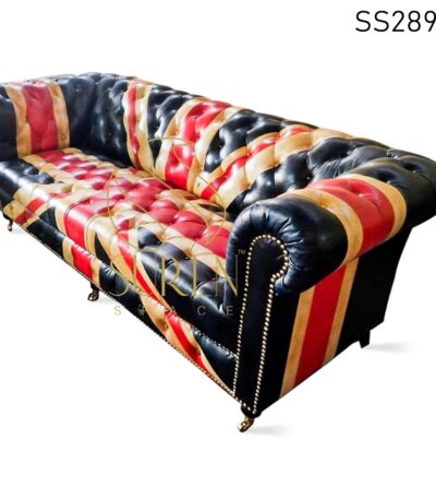Flag Design Pure Leather Tufted Chesterfield Sofa