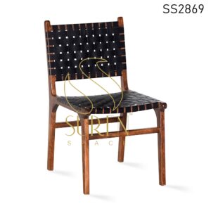 Black Leather Walnut Stain Acacia Wood Dining Chair