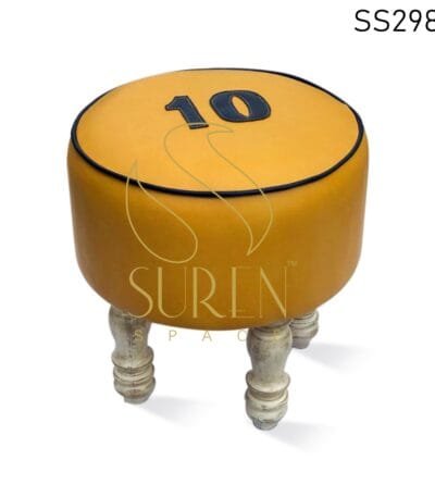 Leatherette Round Shape Carved Leg Pouf Stool