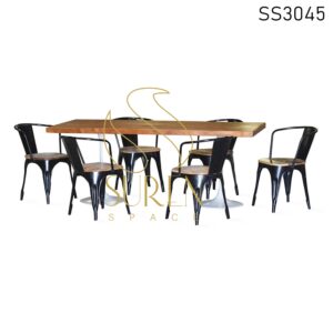 Metal Wooden Seat Casting Table Dining Set