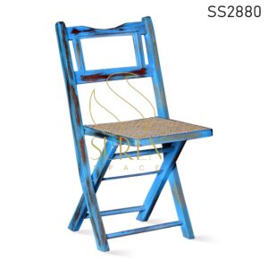 Natural Cane Sky Blue Distress Folding Bistro Café Chair