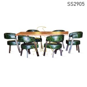 Stitched Genuine Leather Wooden Chair with Casting Table Set