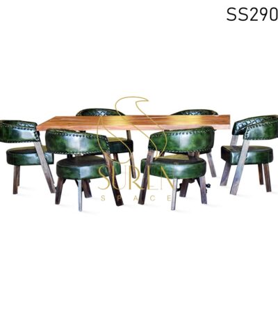 Stitched Genuine Leather Wooden Chair with Casting Table Set