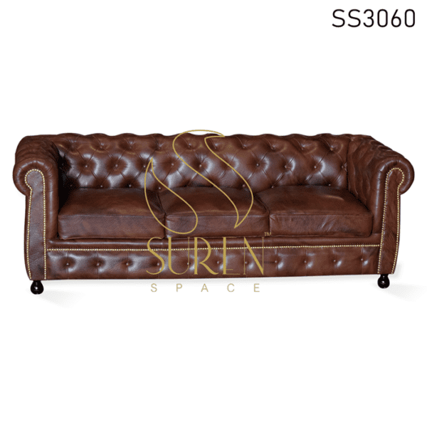 Tufted Chesterfield Genuine Leather Three Seater Sofa